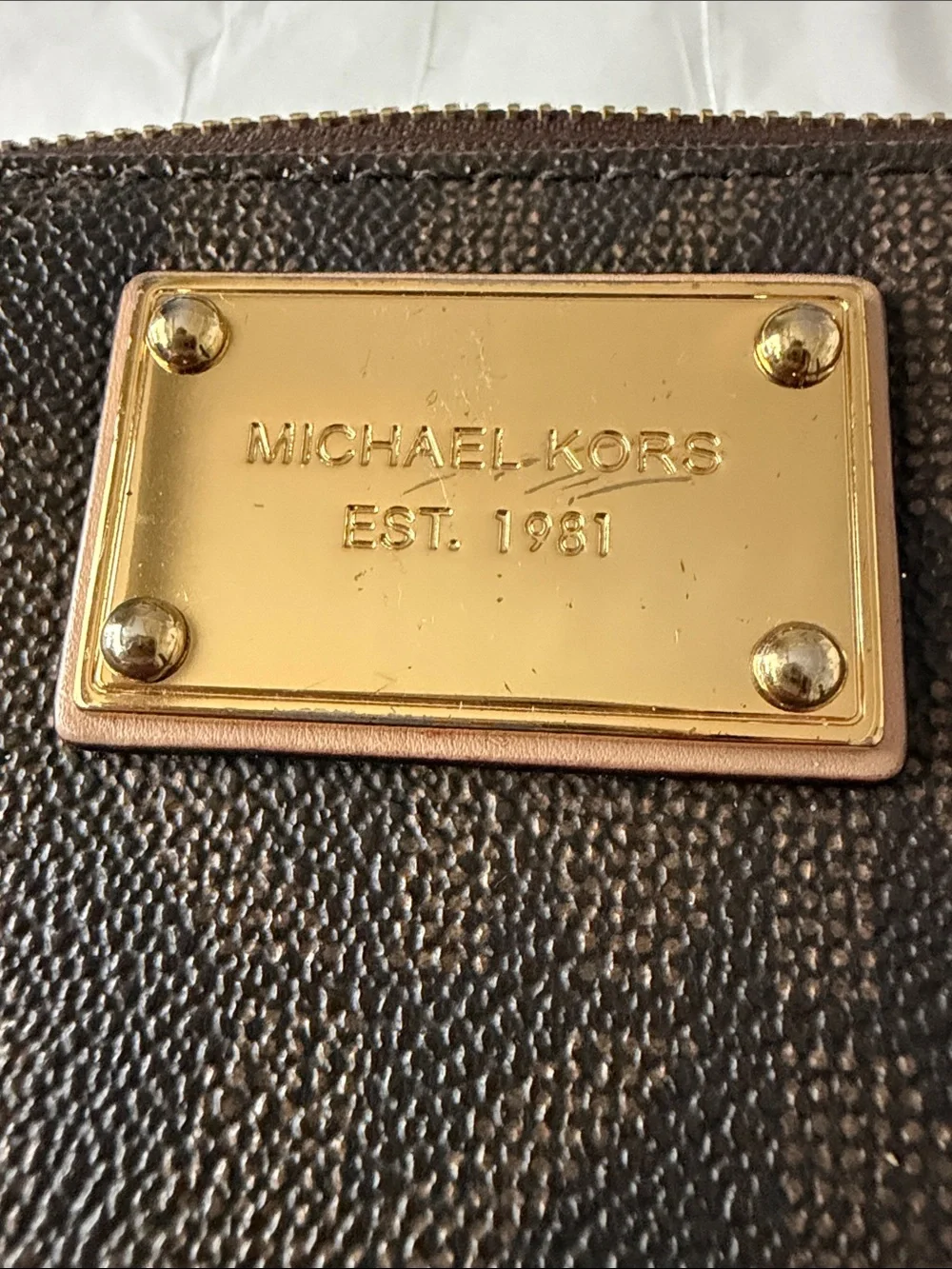 Michael Kors Dark Brown Signature Zip Wallet with Gold Plate